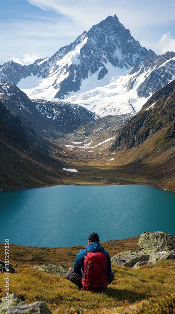 A hiker sits by a serene lake, surrounded by majestic mountains and glaciers, enjoying the natural beauty of the landscape. A hiker sits by a serene lake, surrounded by majestic mountains and glaciers, enjoying the natural beauty of the landscape.