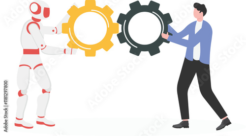 Human and robotic hands connecting gears. People and robots working together flat vector illustration. Artificial intelligence,

