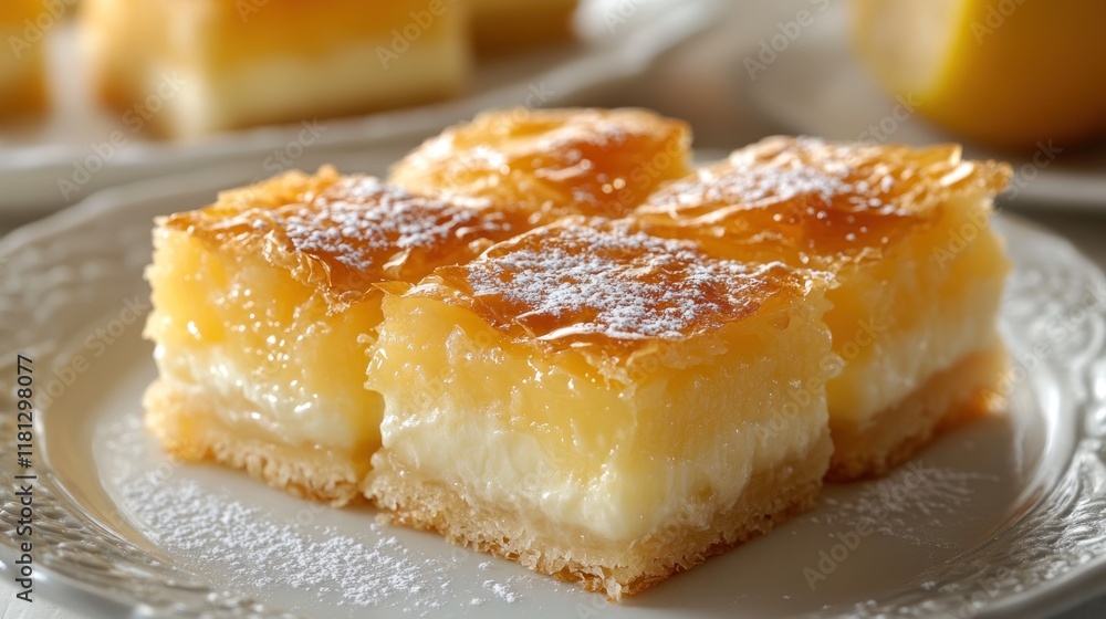 Custard-filled galaktoboureko with layers of golden phyllo pastry and a hint of citrus, drizzled with honey syrup and cut into squares Custard-filled galaktoboureko with layers of golden phyllo pastry and a hint of citrus, drizzled with honey syrup and cut into squares