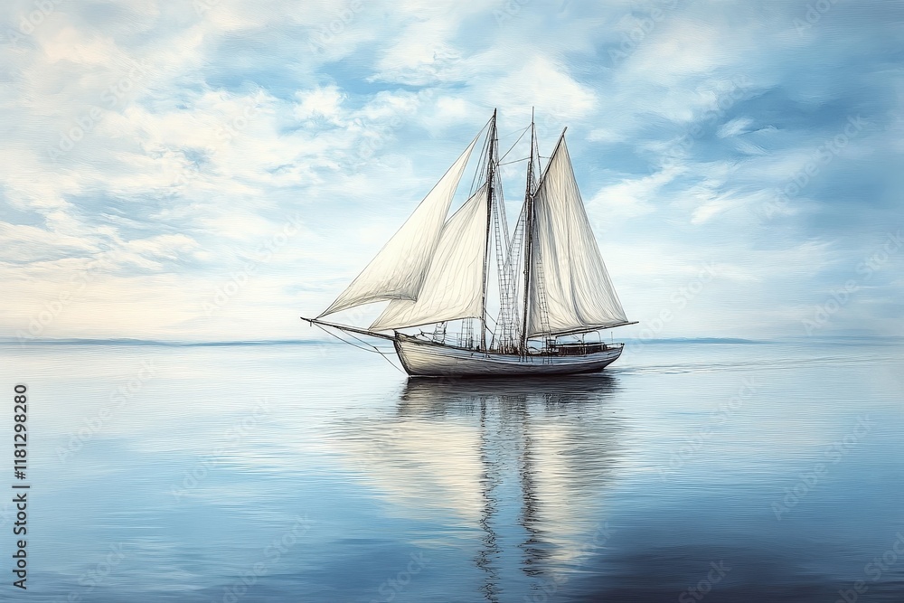 Fototapeta premium Calm Sailing Boat on Tranquil Waters Under a Blue Sky