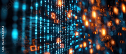 Wallpaper Mural A vivid digital representation of binary code with glowing blue and orange elements, symbolizing data flow and technology. Torontodigital.ca