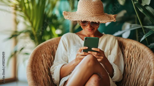 Happy female tourist wearing sunglasses and straw hat using smartphone while relaxing on a comfortable wicker chair in a tropical resort during summer vacation