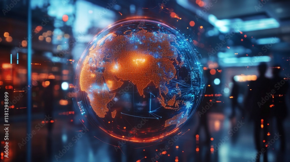 Abstract digital glowing Earth hologram with a global network and business people silhouettes on a blurred background, a technology world concept. Abstract digital glowing Earth hologram with a global network and business people silhouettes on a blurred background, a technology world concept.