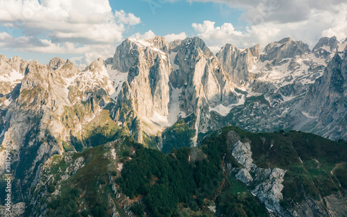 Aerial view of beautiful Prokletije mountains with high peaks and stunning landscape, Gusinje Municipality, Montenegro. photo