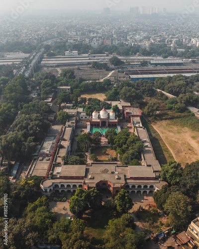 Aerial view of the historic anglo arabic school surrounded by greenery and dense cityscape, Ajmeri Gate, New Delhi, India.