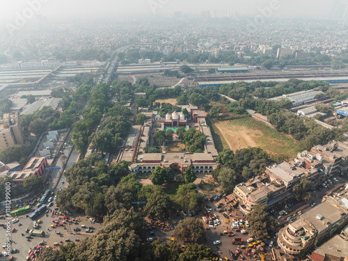 Aerial view of busy urban landscape with Anglo Arabic School and dense buildings, Chandni Chowk, New Delhi, India. photo