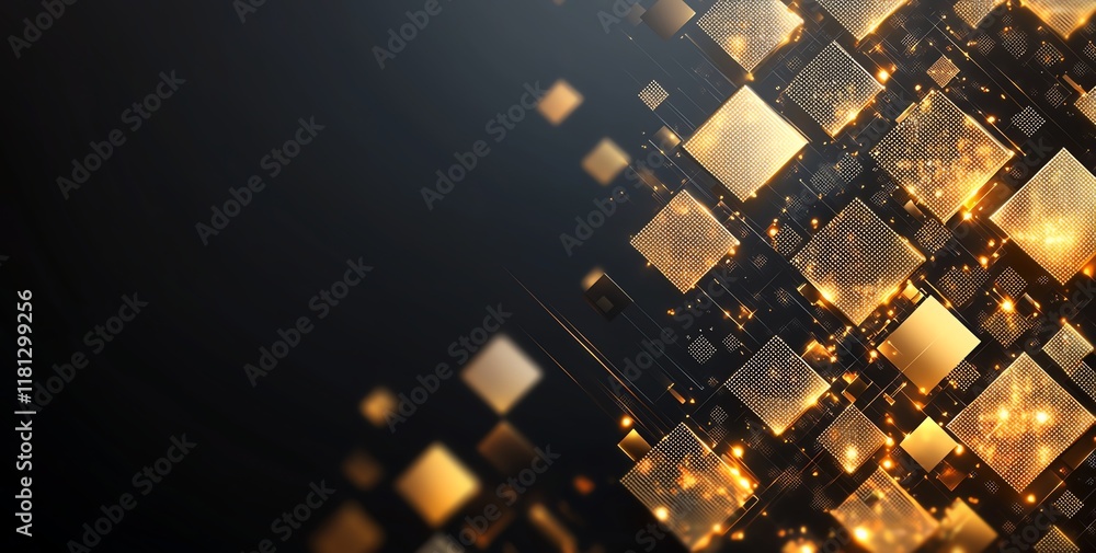 Obraz premium A dynamic abstract background featuring glowing golden squares on a dark surface, perfect for modern designs and digital applications. Ideal for enhancing visual appeal.