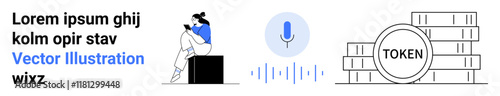 Woman seated with phone, voice recognition microphone icon, token stacks. Ideal for technology, digital communication, cryptocurrency, blockchain, AI mobile apps fintech. Landing page