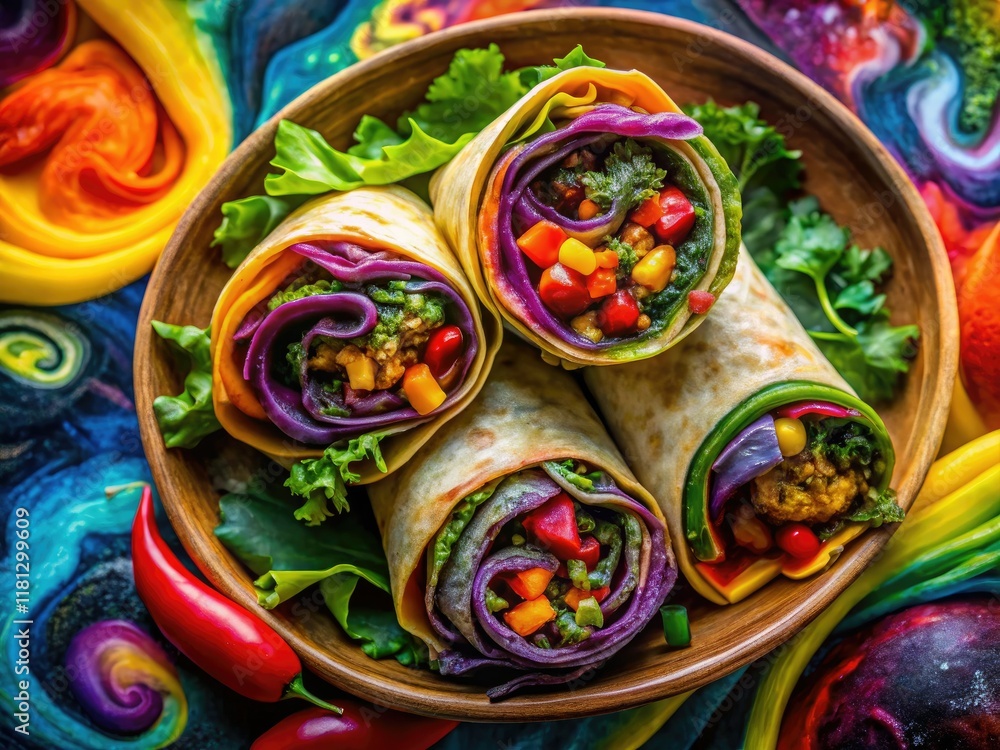 Fototapeta premium Psychedelic salad bursts with vibrant color in a surreal vegetarian burrito bowl.