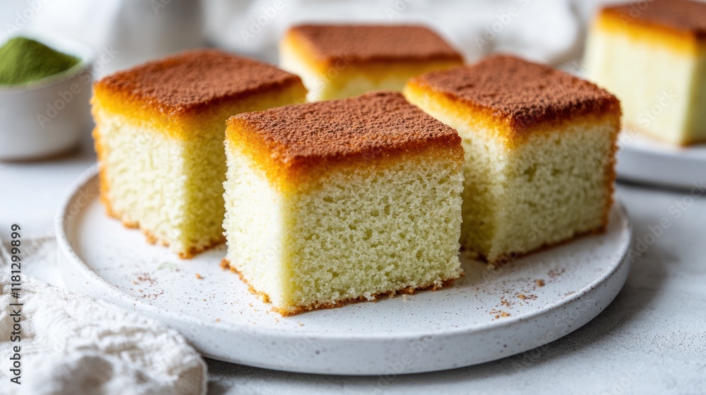 Fluffy castella cake with a golden brown top and soft, airy texture, sliced and arranged on a minimalist white plate with a hint of matcha powder Fluffy castella cake with a golden brown top and soft, airy texture, sliced and arranged on a minimalist white plate with a hint of matcha powder