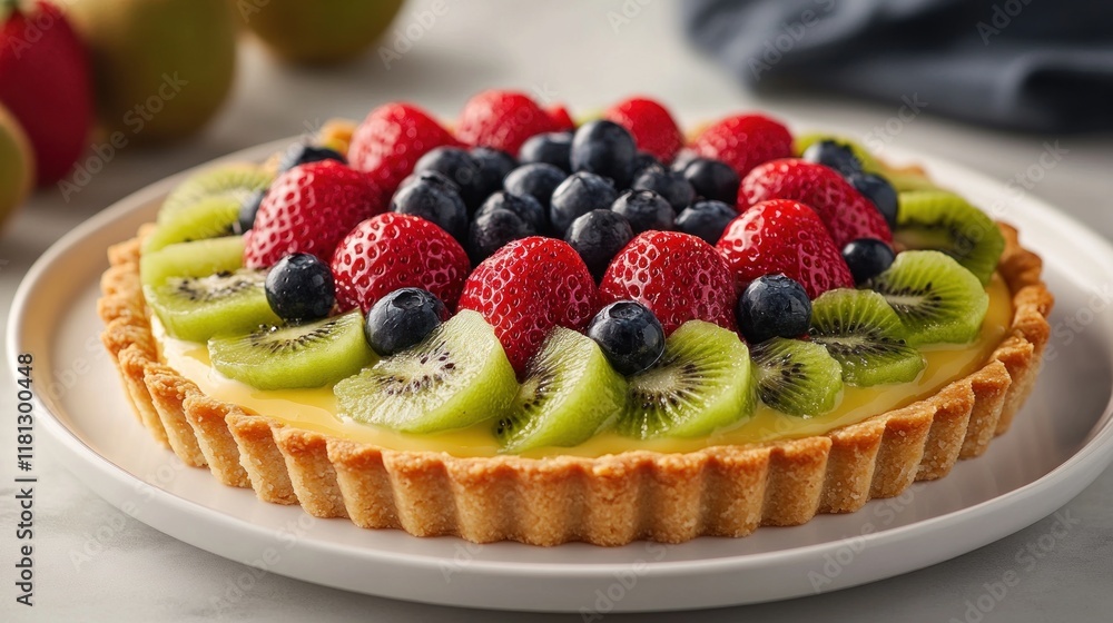 Fresh fruit tart with a buttery crust filled with vanilla custard, topped with an array of colorful fruits like kiwi, strawberries, and blueberries on a white plate Fresh fruit tart with a buttery crust filled with vanilla custard, topped with an array of colorful fruits like kiwi, strawberries, and blueberries on a white plate