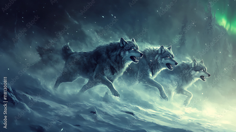 Obraz premium Three wolves running through a snowy landscape under the aurora borealis.