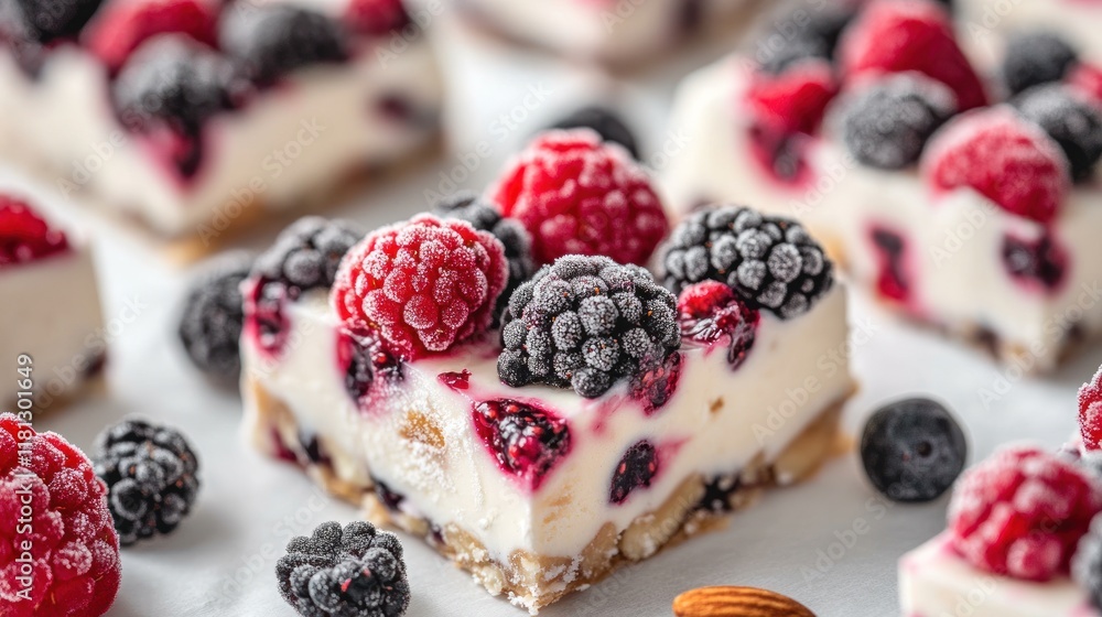 Frozen yogurt bark with mixed berries and almonds, broken into pieces and arranged on a white parchment paper Frozen yogurt bark with mixed berries and almonds, broken into pieces and arranged on a white parchment paper