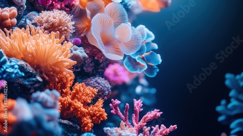 A vibrant underwater scene featuring colorful coral reefs and marine life, showcasing a diverse range of textures and hues in deep ocean waters.