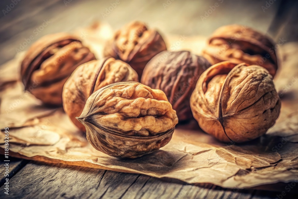Rustic, aged walnuts in creamy brown hues, a retro still life photo against a clean white backdrop. Rustic, aged walnuts in creamy brown hues, a retro still life photo against a clean white backdrop.