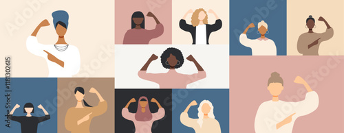 Different women show their strength. International Women's Day concept. #AccelerateAction