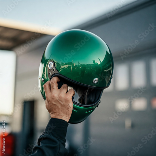 The racer's hand lifts his plain green helmet to the sky, suitable for placing logos, emblems, stickers and brands photo