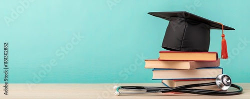 A graduation cap rests atop stacked books next to a stethoscope, symbolizing education and healthcare.
