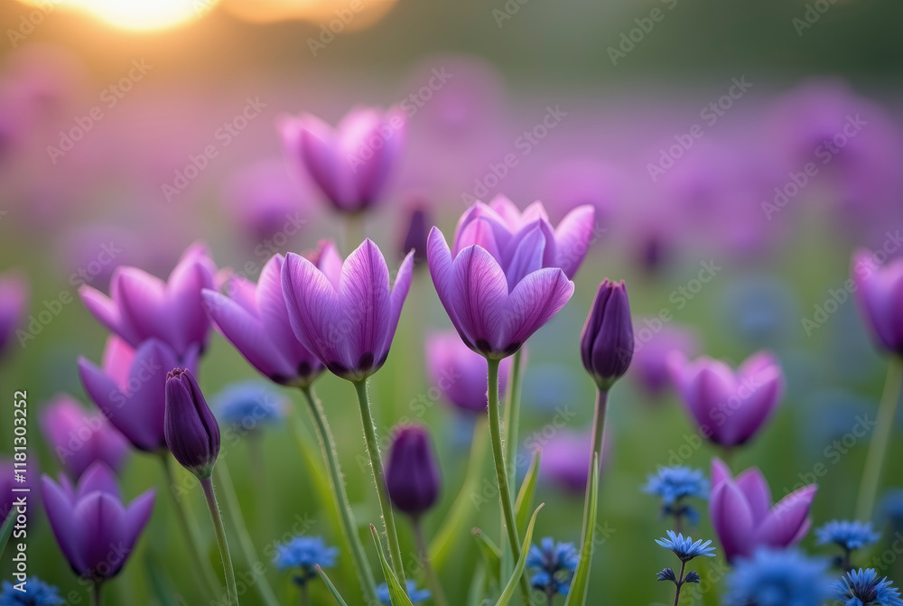 Purple tulips blooming in a field of blue flowers Purple tulips blooming in a field of blue flowers