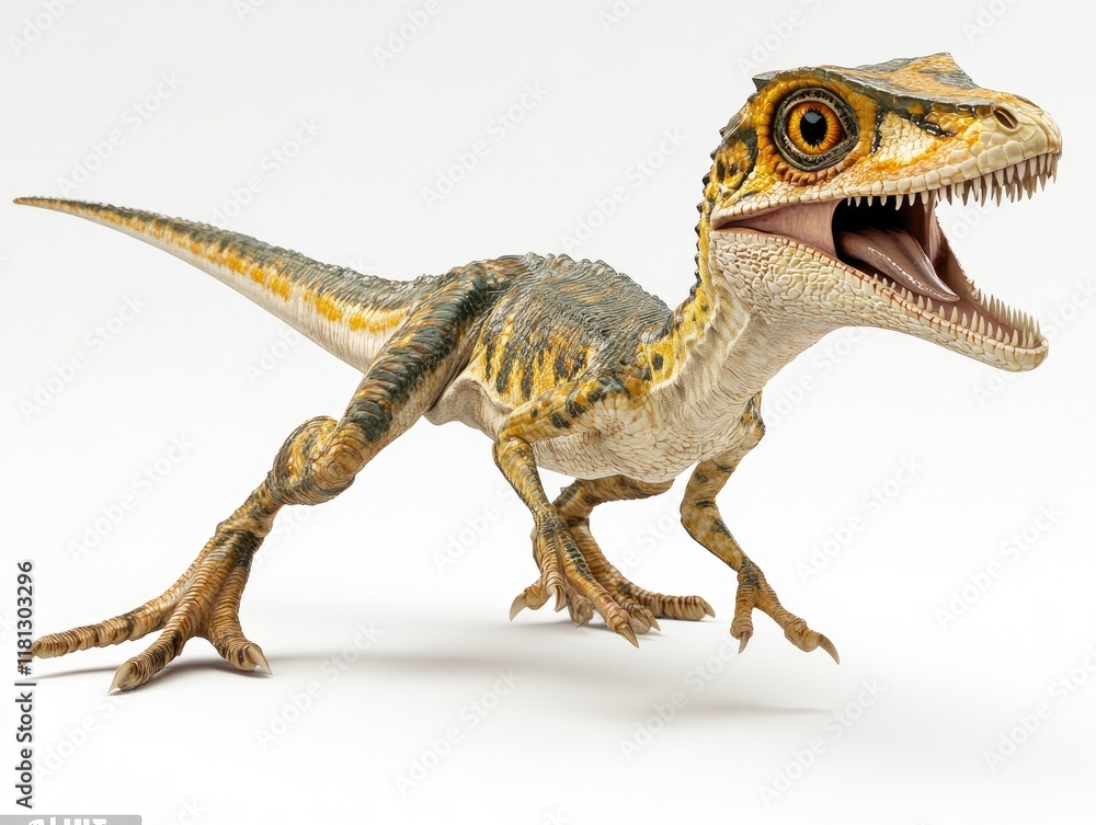 Naklejka premium A detailed depiction of a dinosaur, resembling a velociraptor, showcasing its fierce expression.