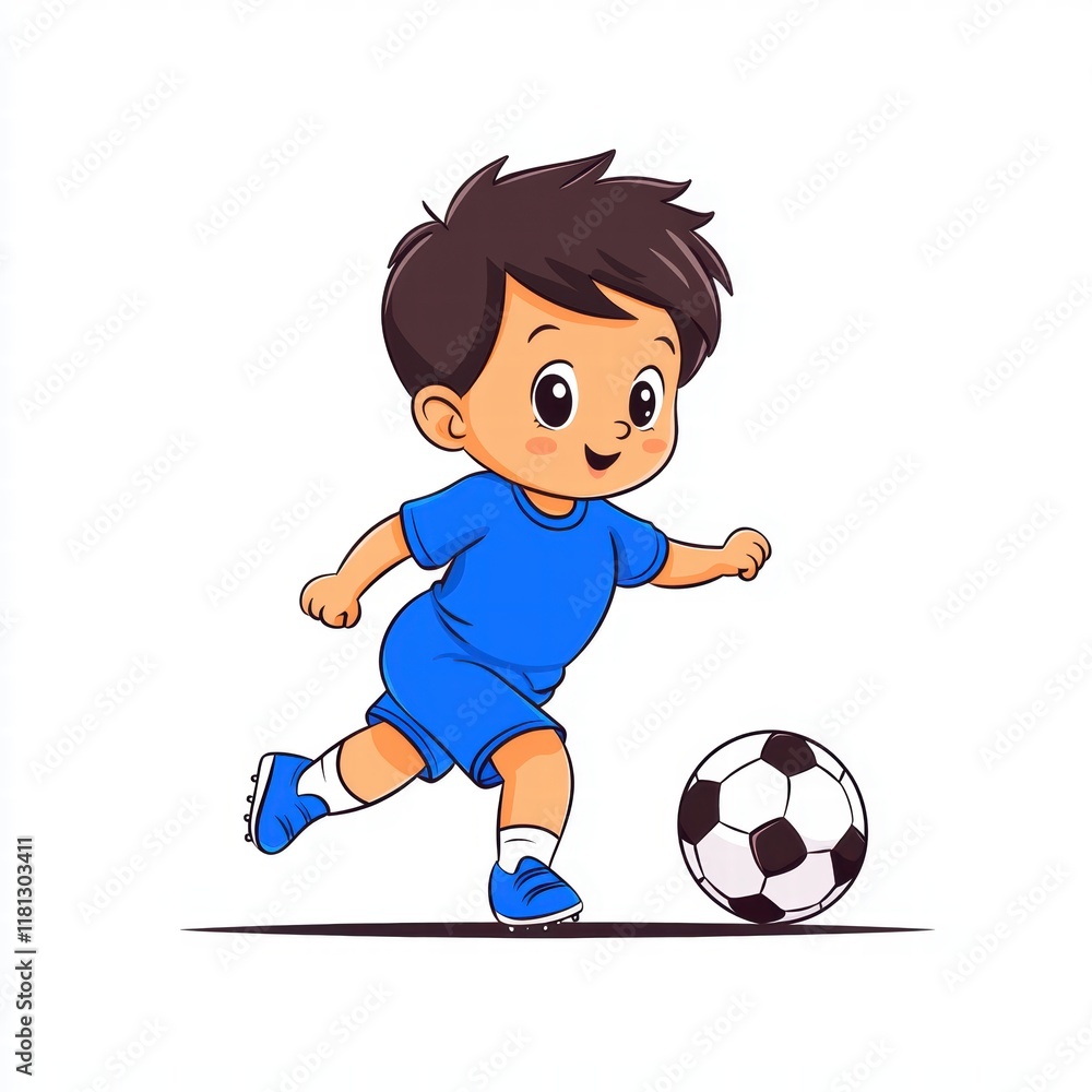 Dynamic Young Boy Playing Football in Blue Outfit with Cheerful Expression Dynamic Young Boy Playing Football in Blue Outfit with Cheerful Expression