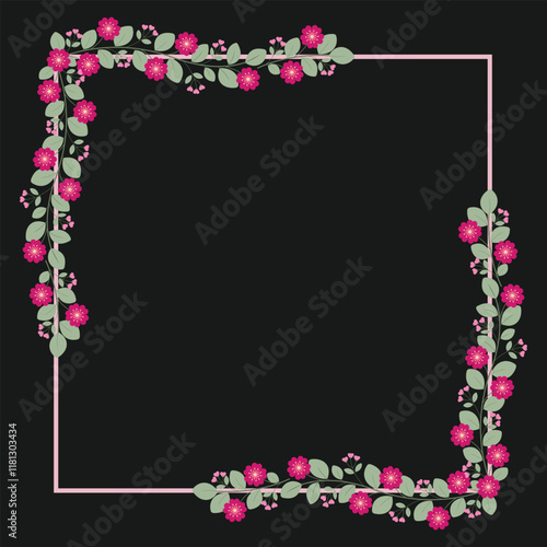 Lovely Square Borders Frame With Love Pink Fuchsia Flowers And Green Leaves