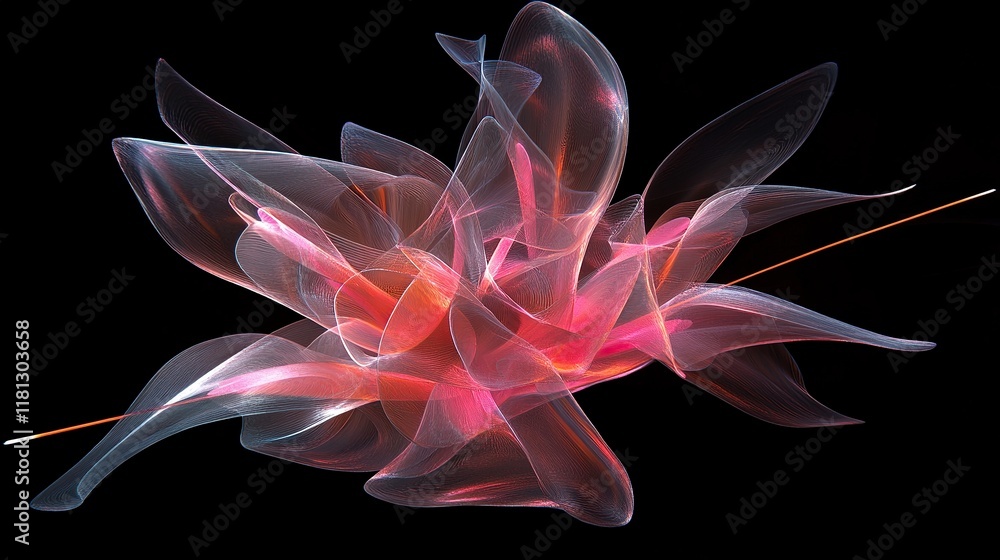 **A floating fractal flower with petals formed from translucent glowing ribbons of neon pink and orange **A floating fractal flower with petals formed from translucent glowing ribbons of neon pink and orange