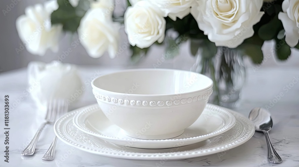White Porcelain Dinnerware Set with Roses White Porcelain Dinnerware Set with Roses