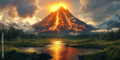 Erupting volcano illuminating river flowing through green valley at sunset