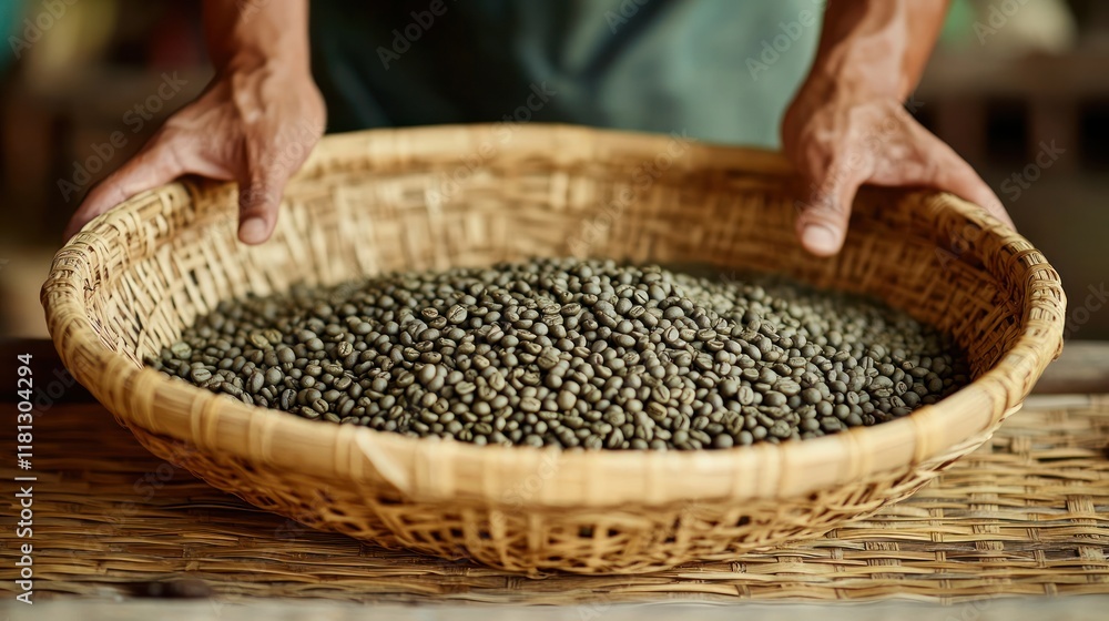 Obraz premium Handpicked green coffee beans displayed in a woven bamboo basket, with hands gently sifting through the beans to ensure quality
