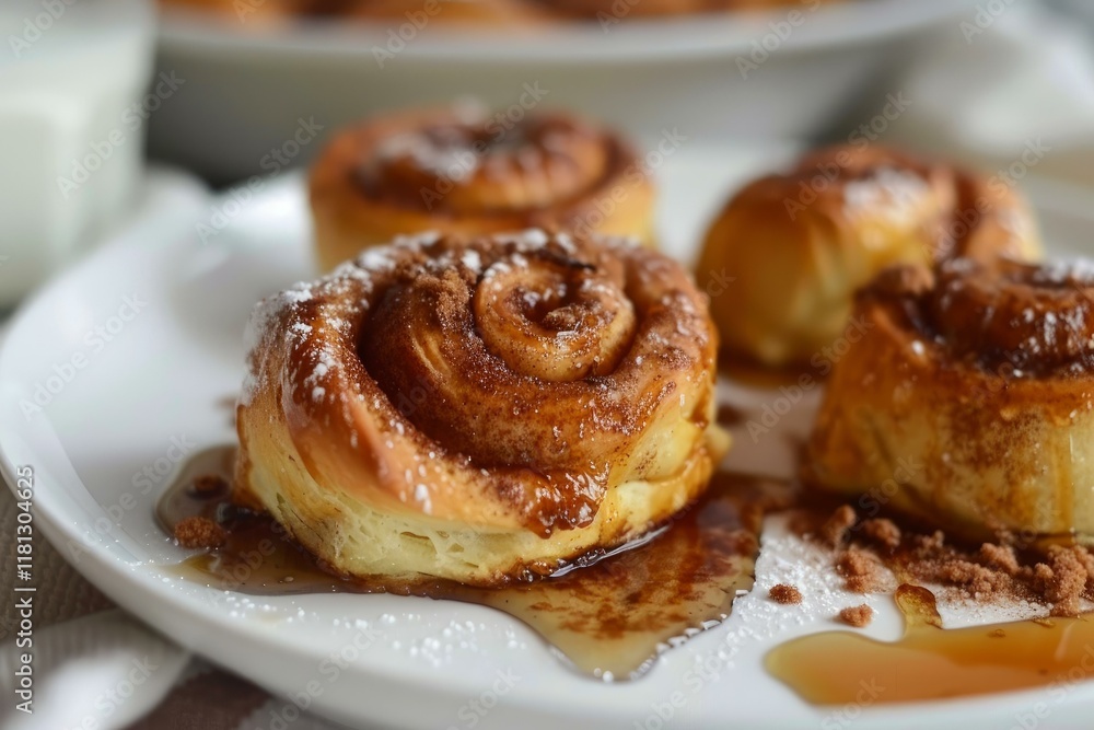 Freshly baked cinnamon rolls, drizzled with sweet syrup and dusted with powdered sugar, create a tempting breakfast treat Freshly baked cinnamon rolls, drizzled with sweet syrup and dusted with powdered sugar, create a tempting breakfast treat