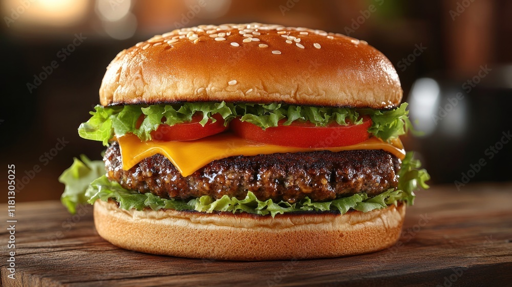 Hearty vegan burger with a juicy patty made from beans and grains, topped with fresh lettuce, tomato, and vegan cheese on a wooden board