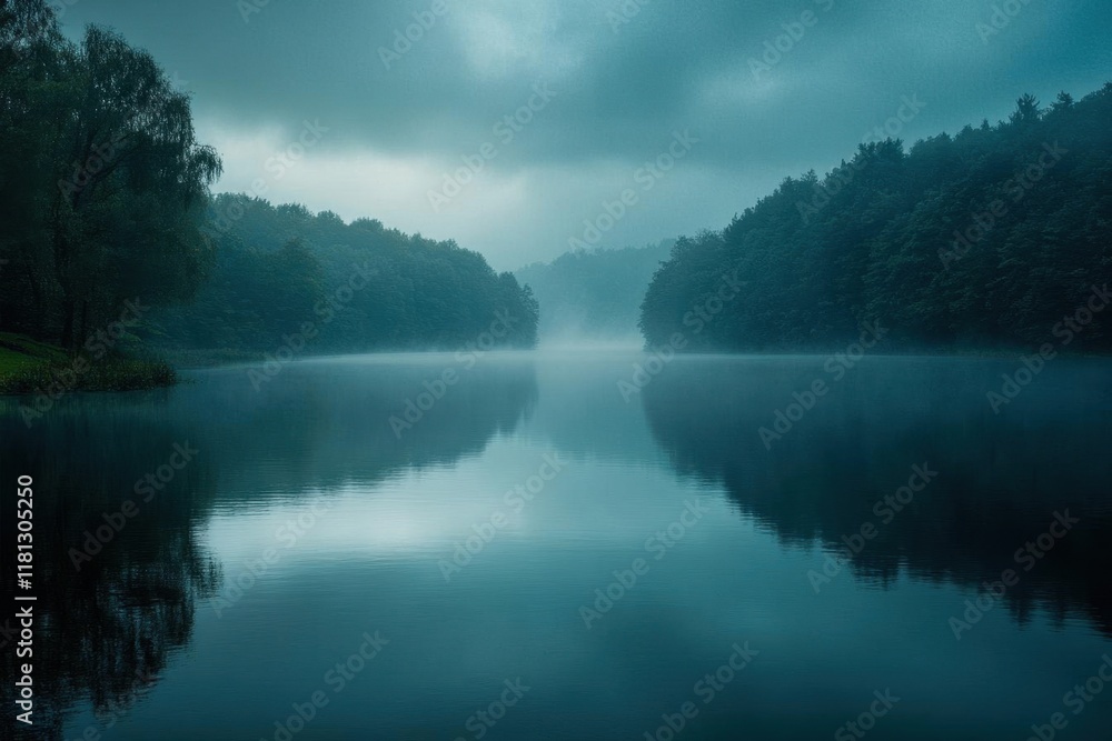 Serene lake surrounded by misty trees reflecting on calm water. Serene lake surrounded by misty trees reflecting on calm water.