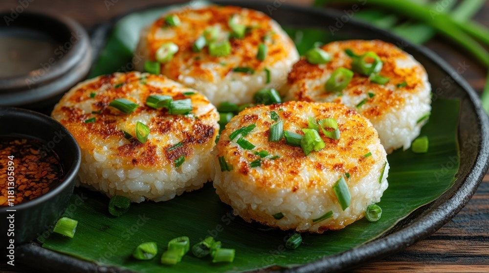 Khanom krok, crispy coconut rice pancakes topped with spring onions, served hot on a banana leaf with a wooden background Khanom krok, crispy coconut rice pancakes topped with spring onions, served hot on a banana leaf with a wooden background