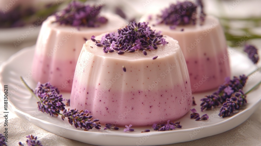 Lavender and honey panna cotta with a delicate lavender hue, garnished with fresh lavender buds on a white ceramic plate Lavender and honey panna cotta with a delicate lavender hue, garnished with fresh lavender buds on a white ceramic plate