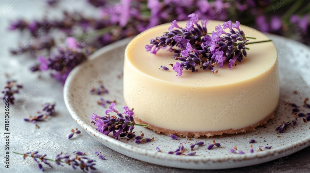 Lavender and honey panna cotta with a delicate lavender hue, garnished with fresh lavender buds on a white ceramic plate Lavender and honey panna cotta with a delicate lavender hue, garnished with fresh lavender buds on a white ceramic plate