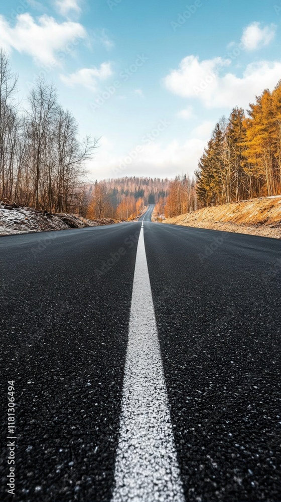 A straight road stretches through a scenic landscape with autumn trees. A straight road stretches through a scenic landscape with autumn trees.