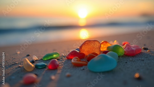 Fototapeta Naklejka Na Ścianę i Meble -  Colorful glittering sea glass on the sand of a beach at sunset, ocean travel, summer landscape.