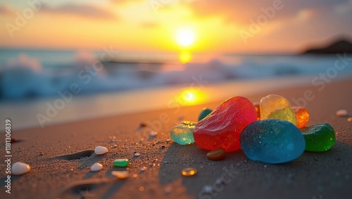 Fototapeta Naklejka Na Ścianę i Meble -  Colorful glittering sea glass on the sand of a beach at sunset, ocean travel, summer landscape.