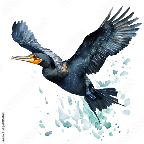 A watercolor illustration of a cormorant diving underwater, isolated on a white background. Cormorant vector.
