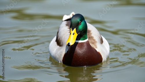 Close-up of a male mallard duck in the water.