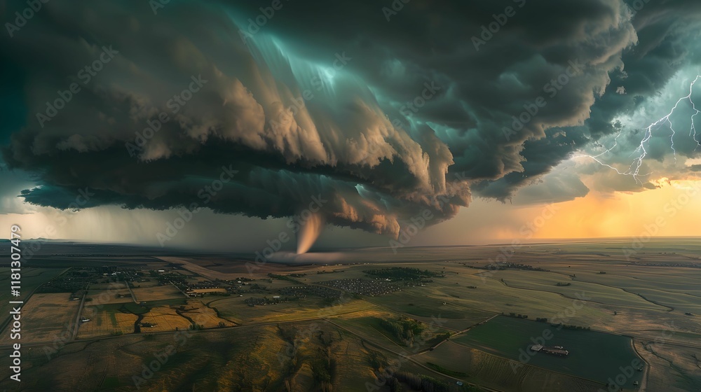 Fototapeta premium Dark storm clouds gather over a tornado forming in the open landscape at sunset