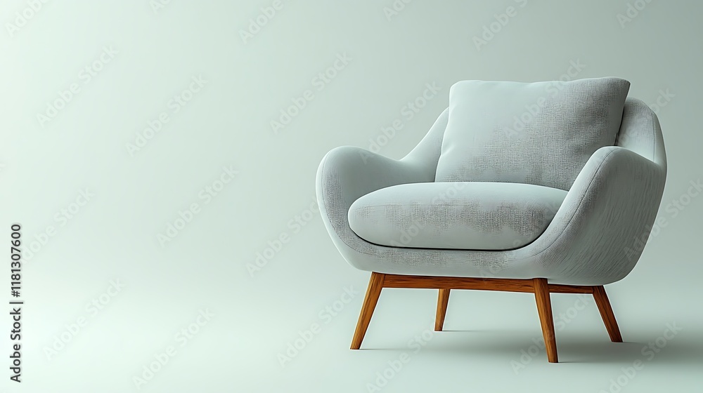 Modern midcentury armchair with wooden legs and soft gray upholstery isolated on a seamless white background showcasing its sleek and minimalist design Modern midcentury armchair with wooden legs and soft gray upholstery isolated on a seamless white background showcasing its sleek and minimalist design
