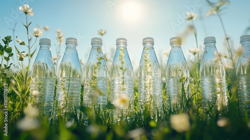 Mineral water in bottles arranged on green grass, clear sky behind