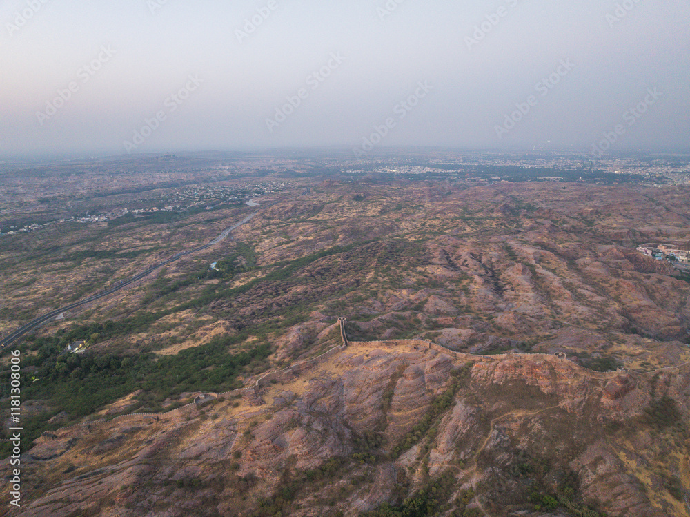 Aerial view of beautiful and scenic landscape with rugged terrain and vast valley, Jodhpur, India. Aerial view of beautiful and scenic landscape with rugged terrain and vast valley, Jodhpur, India.