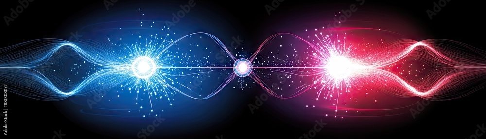 Obraz premium Abstract representation of energy waves and particles in contrasting colors.