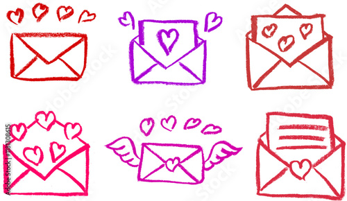 Love Letters Envelopes Valentines Day Crayon Chalk Drawing Vector Set