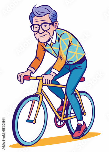 自転車に乗る眼鏡をかけた中年の日本人男性。自転車で通勤するアクティブな高齢者、隔離されたベクターイラスト。