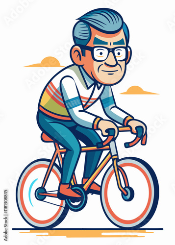 自転車に乗る眼鏡をかけた中年の日本人男性。自転車で通勤するアクティブな高齢者、隔離されたベクターイラスト。
