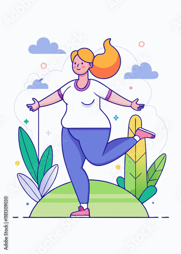 Plus-sized woman practicing yoga in a peaceful park. Curvy female character doing outdoor exercise, stretching in a natural environment, promoting body positivity and wellness.
